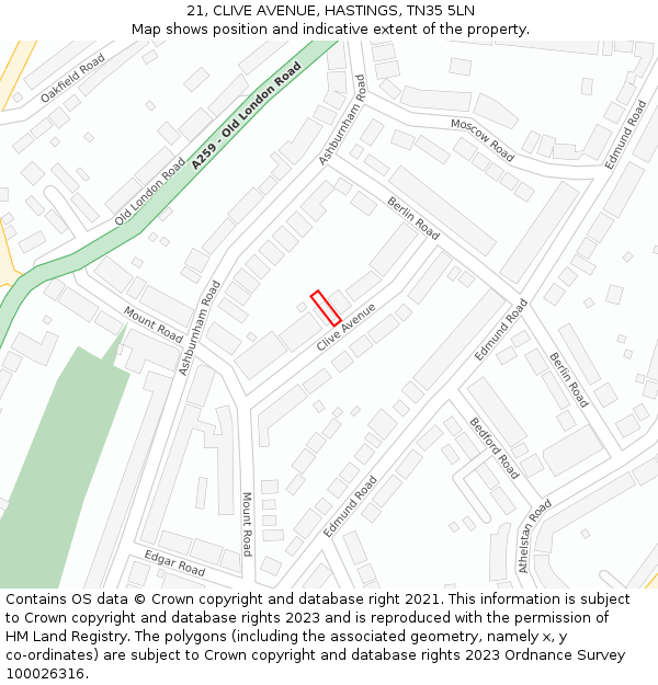 21, CLIVE AVENUE, HASTINGS, TN35 5LN: Location map and indicative extent of plot