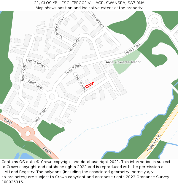 21, CLOS YR HESG, TREGOF VILLAGE, SWANSEA, SA7 0NA: Location map and indicative extent of plot