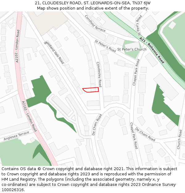21, CLOUDESLEY ROAD, ST. LEONARDS-ON-SEA, TN37 6JW: Location map and indicative extent of plot