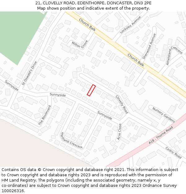 21, CLOVELLY ROAD, EDENTHORPE, DONCASTER, DN3 2PE: Location map and indicative extent of plot