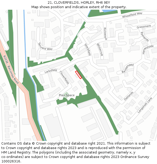 21, CLOVERFIELDS, HORLEY, RH6 9EY: Location map and indicative extent of plot