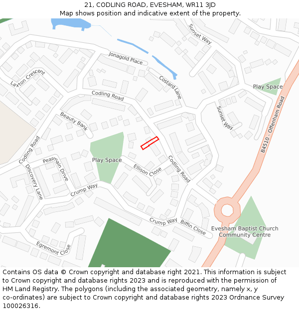 21, CODLING ROAD, EVESHAM, WR11 3JD: Location map and indicative extent of plot