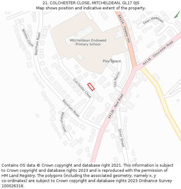 21, COLCHESTER CLOSE, MITCHELDEAN, GL17 0JS: Location map and indicative extent of plot
