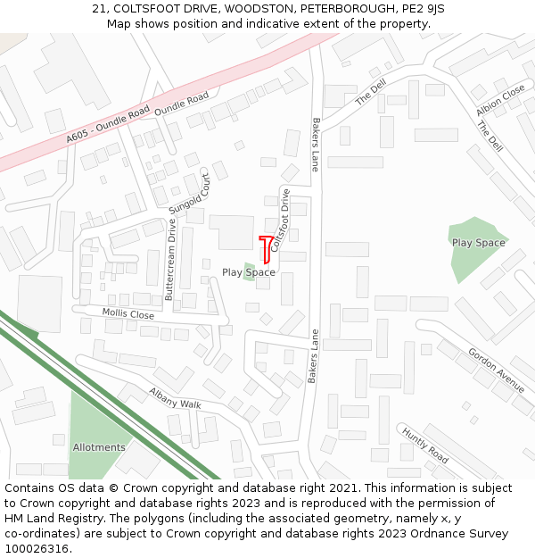 21, COLTSFOOT DRIVE, WOODSTON, PETERBOROUGH, PE2 9JS: Location map and indicative extent of plot