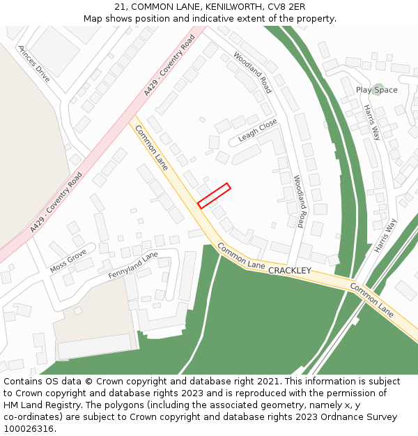 21, COMMON LANE, KENILWORTH, CV8 2ER: Location map and indicative extent of plot