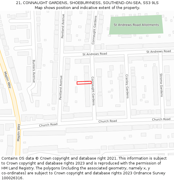 21, CONNAUGHT GARDENS, SHOEBURYNESS, SOUTHEND-ON-SEA, SS3 9LS: Location map and indicative extent of plot