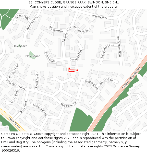 21, CONYERS CLOSE, GRANGE PARK, SWINDON, SN5 6HL: Location map and indicative extent of plot