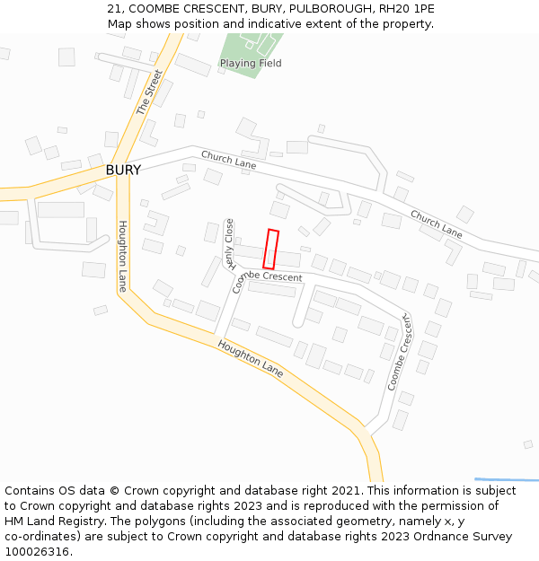 21, COOMBE CRESCENT, BURY, PULBOROUGH, RH20 1PE: Location map and indicative extent of plot