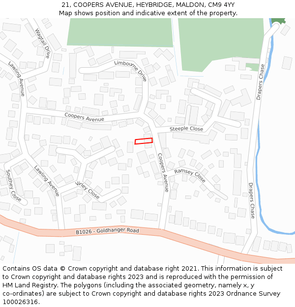 21, COOPERS AVENUE, HEYBRIDGE, MALDON, CM9 4YY: Location map and indicative extent of plot
