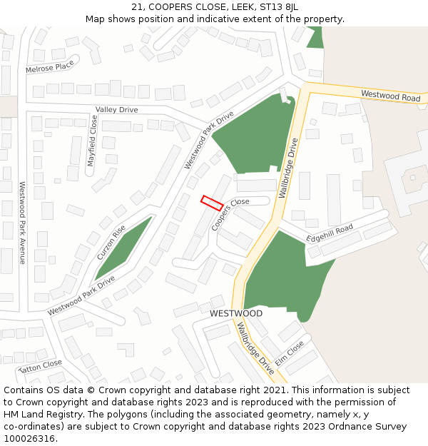 21, COOPERS CLOSE, LEEK, ST13 8JL: Location map and indicative extent of plot