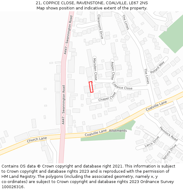 21, COPPICE CLOSE, RAVENSTONE, COALVILLE, LE67 2NS: Location map and indicative extent of plot