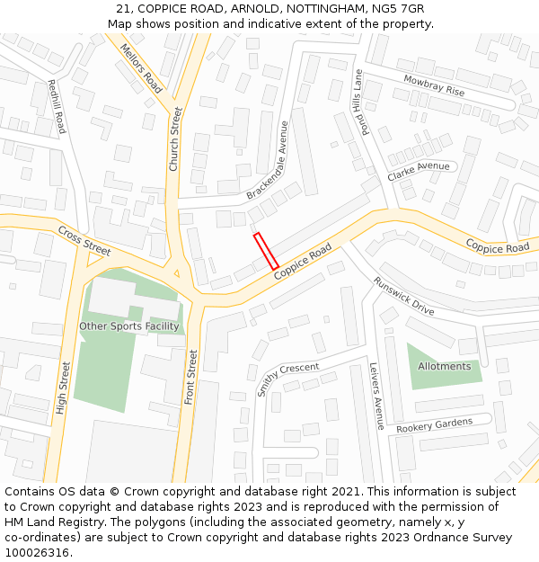 21, COPPICE ROAD, ARNOLD, NOTTINGHAM, NG5 7GR: Location map and indicative extent of plot