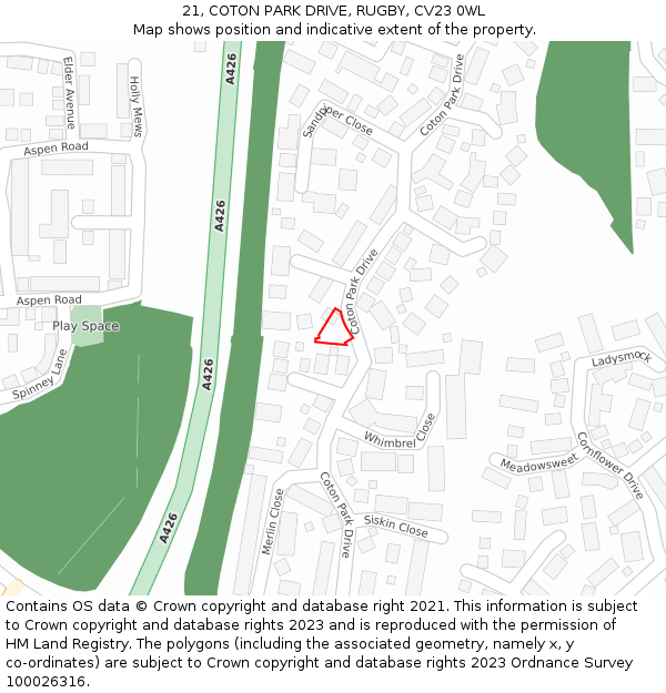 21, COTON PARK DRIVE, RUGBY, CV23 0WL: Location map and indicative extent of plot