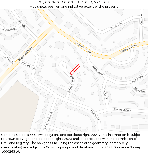 21, COTSWOLD CLOSE, BEDFORD, MK41 9LR: Location map and indicative extent of plot