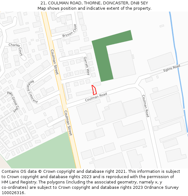 21, COULMAN ROAD, THORNE, DONCASTER, DN8 5EY: Location map and indicative extent of plot
