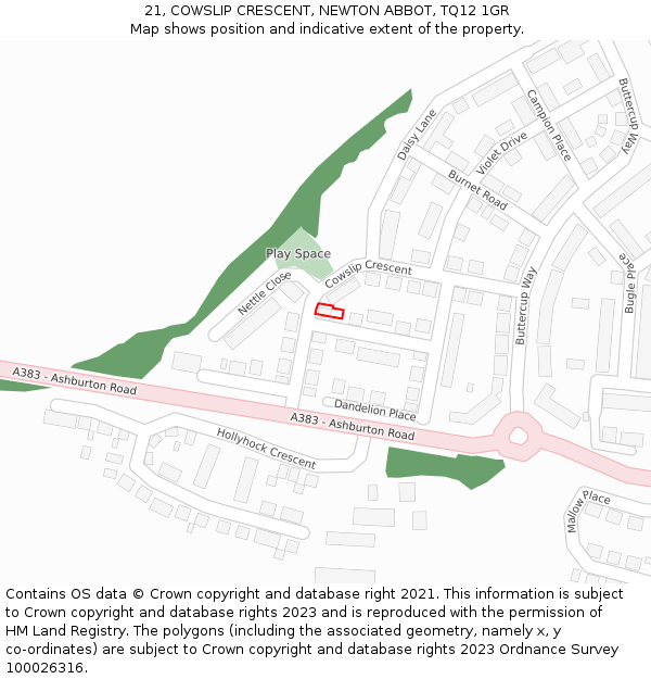 21, COWSLIP CRESCENT, NEWTON ABBOT, TQ12 1GR: Location map and indicative extent of plot