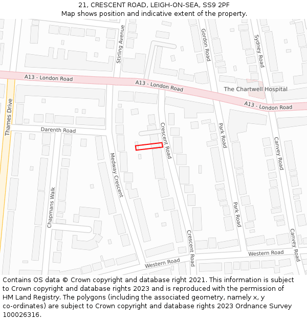 21, CRESCENT ROAD, LEIGH-ON-SEA, SS9 2PF: Location map and indicative extent of plot