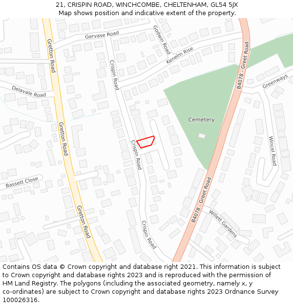 21, CRISPIN ROAD, WINCHCOMBE, CHELTENHAM, GL54 5JX: Location map and indicative extent of plot