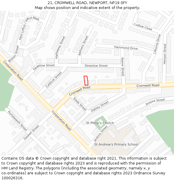 21, CROMWELL ROAD, NEWPORT, NP19 0FY: Location map and indicative extent of plot