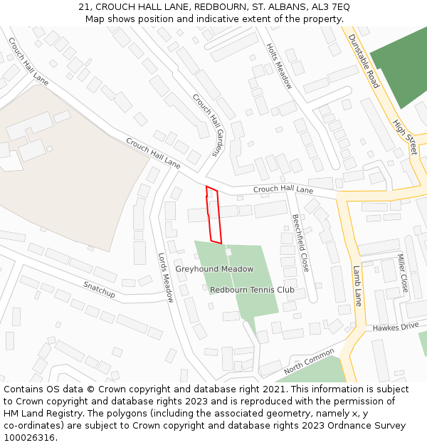 21, CROUCH HALL LANE, REDBOURN, ST. ALBANS, AL3 7EQ: Location map and indicative extent of plot