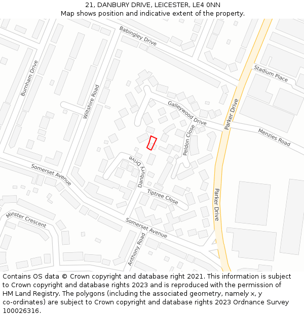 21, DANBURY DRIVE, LEICESTER, LE4 0NN: Location map and indicative extent of plot