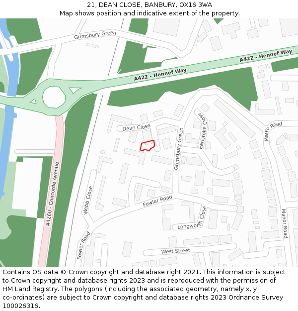 21, DEAN CLOSE, BANBURY, OX16 3WA: Location map and indicative extent of plot