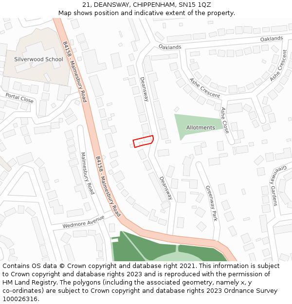 21, DEANSWAY, CHIPPENHAM, SN15 1QZ: Location map and indicative extent of plot