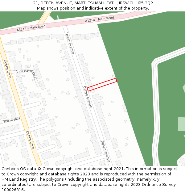 21, DEBEN AVENUE, MARTLESHAM HEATH, IPSWICH, IP5 3QP: Location map and indicative extent of plot