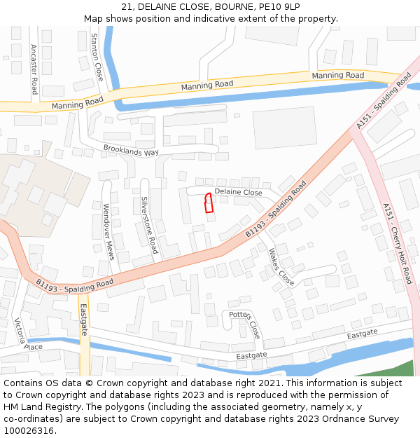 21, DELAINE CLOSE, BOURNE, PE10 9LP: Location map and indicative extent of plot