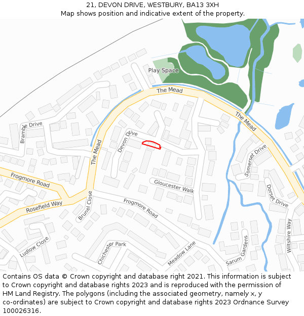 21, DEVON DRIVE, WESTBURY, BA13 3XH: Location map and indicative extent of plot