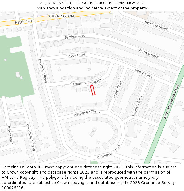 21, DEVONSHIRE CRESCENT, NOTTINGHAM, NG5 2EU: Location map and indicative extent of plot