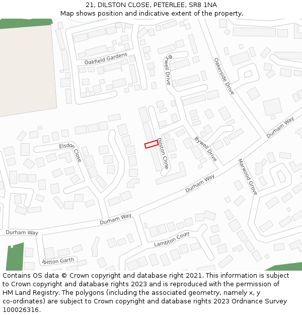 21, DILSTON CLOSE, PETERLEE, SR8 1NA: Location map and indicative extent of plot