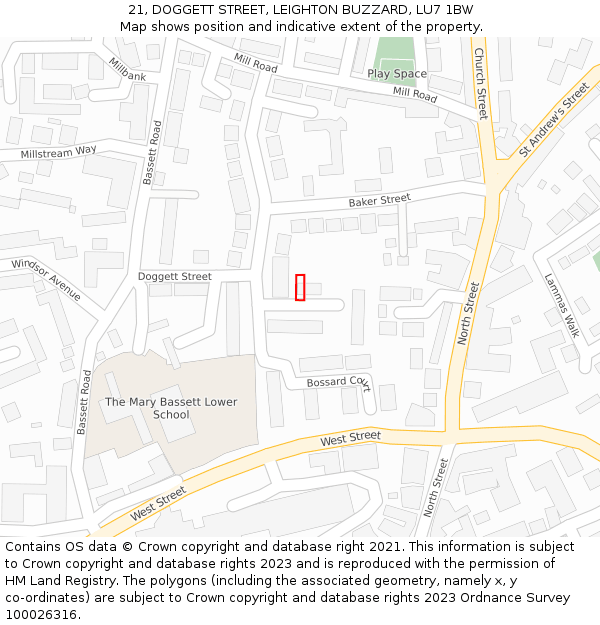 21, DOGGETT STREET, LEIGHTON BUZZARD, LU7 1BW: Location map and indicative extent of plot