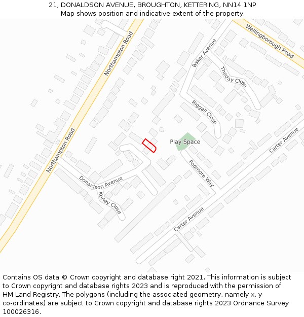 21, DONALDSON AVENUE, BROUGHTON, KETTERING, NN14 1NP: Location map and indicative extent of plot