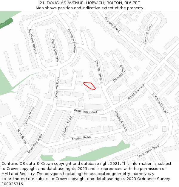 21, DOUGLAS AVENUE, HORWICH, BOLTON, BL6 7EE: Location map and indicative extent of plot