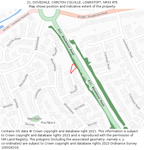 21, DOVEDALE, CARLTON COLVILLE, LOWESTOFT, NR33 8TE: Location map and indicative extent of plot
