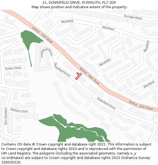 21, DOWNFIELD DRIVE, PLYMOUTH, PL7 2DP: Location map and indicative extent of plot