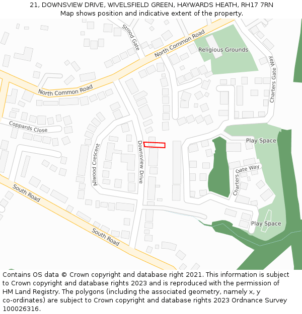 21, DOWNSVIEW DRIVE, WIVELSFIELD GREEN, HAYWARDS HEATH, RH17 7RN: Location map and indicative extent of plot
