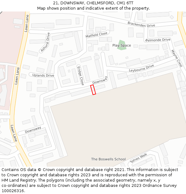 21, DOWNSWAY, CHELMSFORD, CM1 6TT: Location map and indicative extent of plot
