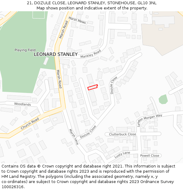 21, DOZULE CLOSE, LEONARD STANLEY, STONEHOUSE, GL10 3NL: Location map and indicative extent of plot