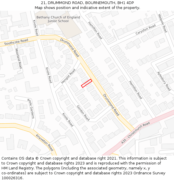 21, DRUMMOND ROAD, BOURNEMOUTH, BH1 4DP: Location map and indicative extent of plot