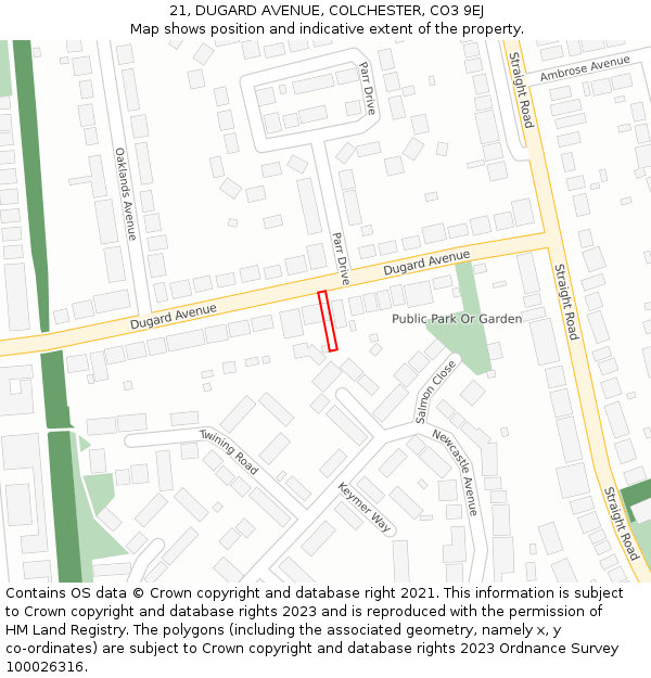 21, DUGARD AVENUE, COLCHESTER, CO3 9EJ: Location map and indicative extent of plot