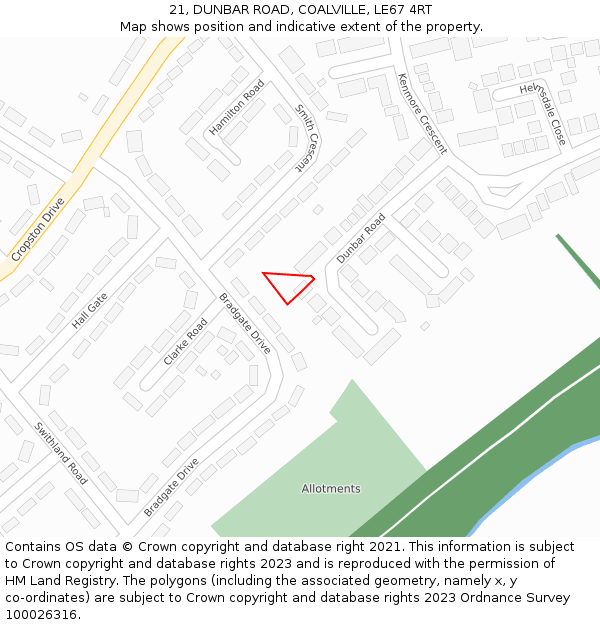 21, DUNBAR ROAD, COALVILLE, LE67 4RT: Location map and indicative extent of plot