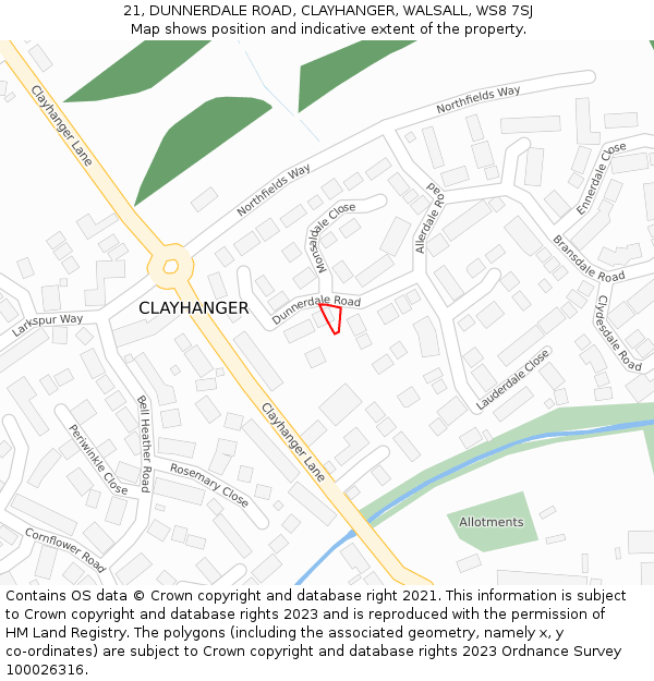 21, DUNNERDALE ROAD, CLAYHANGER, WALSALL, WS8 7SJ: Location map and indicative extent of plot