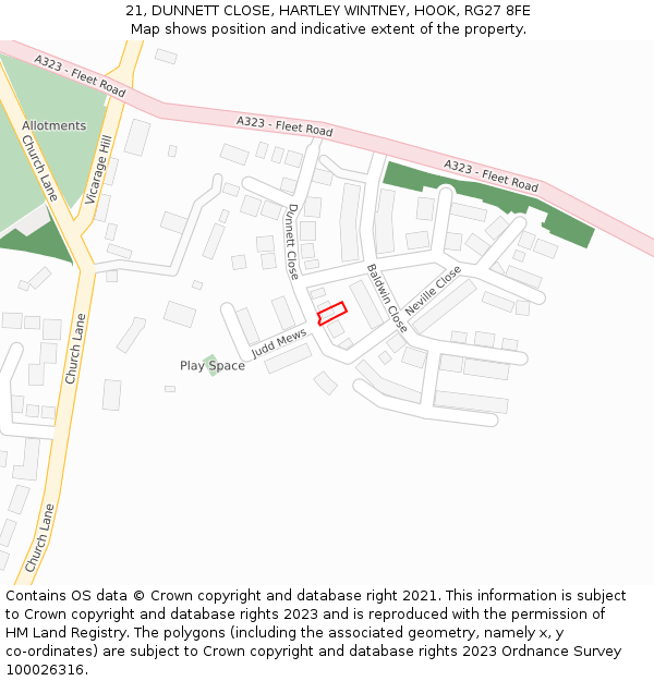 21, DUNNETT CLOSE, HARTLEY WINTNEY, HOOK, RG27 8FE: Location map and indicative extent of plot