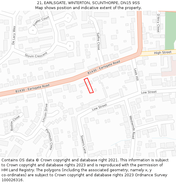 21, EARLSGATE, WINTERTON, SCUNTHORPE, DN15 9SS: Location map and indicative extent of plot