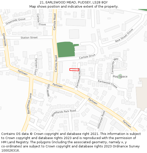 21, EARLSWOOD MEAD, PUDSEY, LS28 8QY: Location map and indicative extent of plot