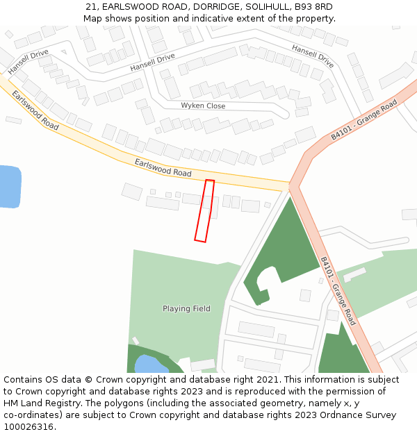 21, EARLSWOOD ROAD, DORRIDGE, SOLIHULL, B93 8RD: Location map and indicative extent of plot