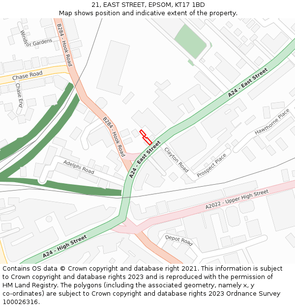 21, EAST STREET, EPSOM, KT17 1BD: Location map and indicative extent of plot