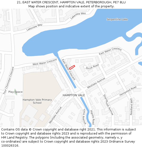 21, EAST WATER CRESCENT, HAMPTON VALE, PETERBOROUGH, PE7 8LU: Location map and indicative extent of plot
